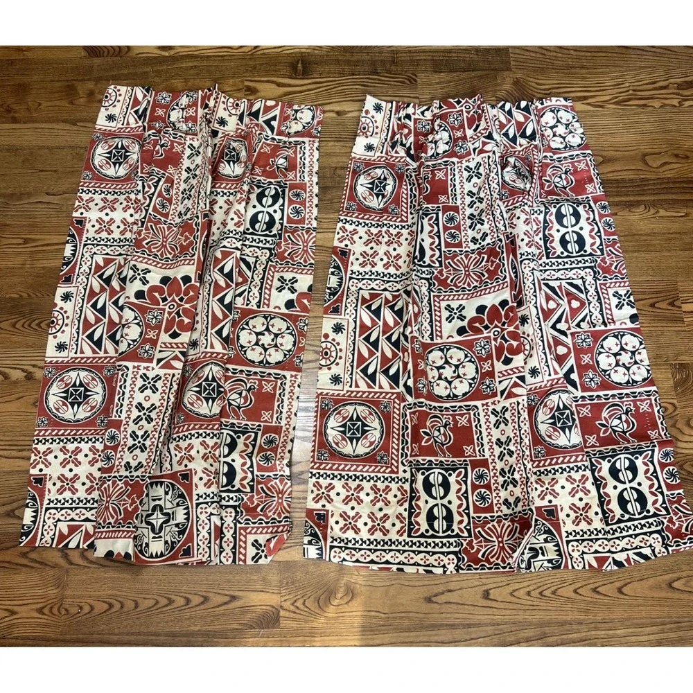 Sears Perma-Prest Vintage MCM Geometric Curtains Window 24x46 Rust Folk Art